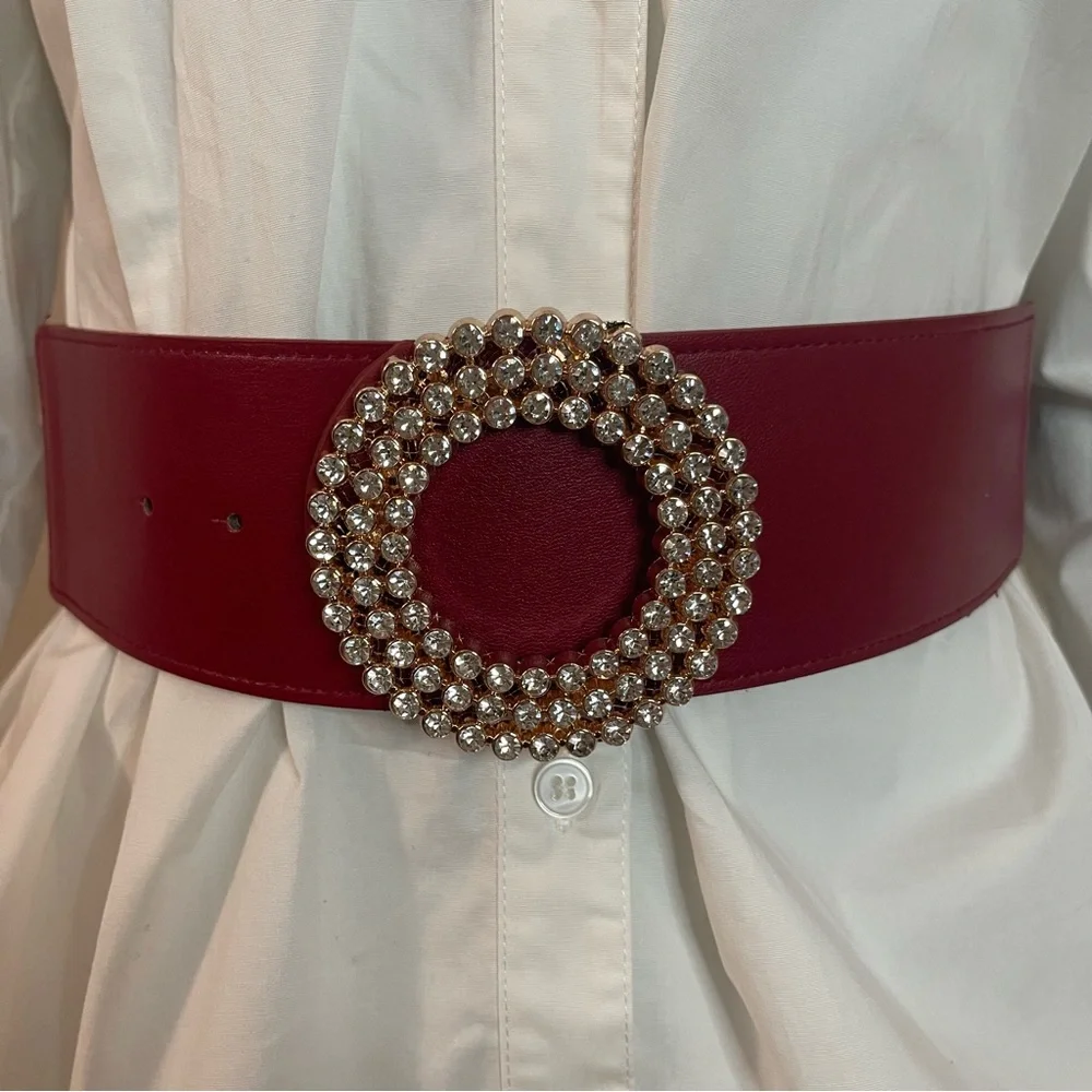 Burgundy PU leather circle buckle w/ rhinestones details elastic waistband belt - Picture 1 of 8